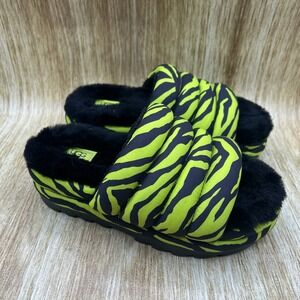 UGG Maxi Slide Women's 6 Lime Green Black Puffer Platform Tiger Print 1127075